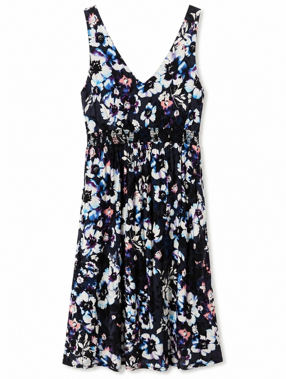 2/$35 Joe Fresh Floral Dress M Tall Dark Print V Neck Smocked Waist Sleeveless